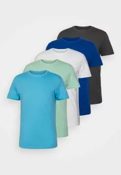 Pier One 5 Pack - Basic T-Shirt - Blue/Dark Blue/Light Green