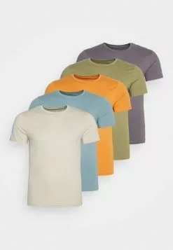 Pier One 5 Pack - Basic T-Shirt - Orange/Dark Blue/Green
